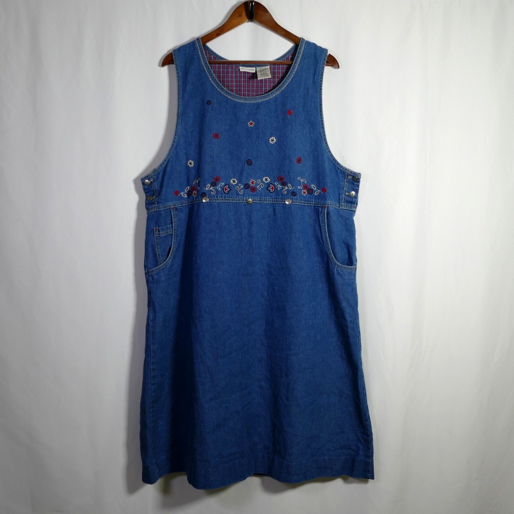 VTG White Stag Floral Embroidered Denim Midi Jumper Dress Size XL Overall Modest